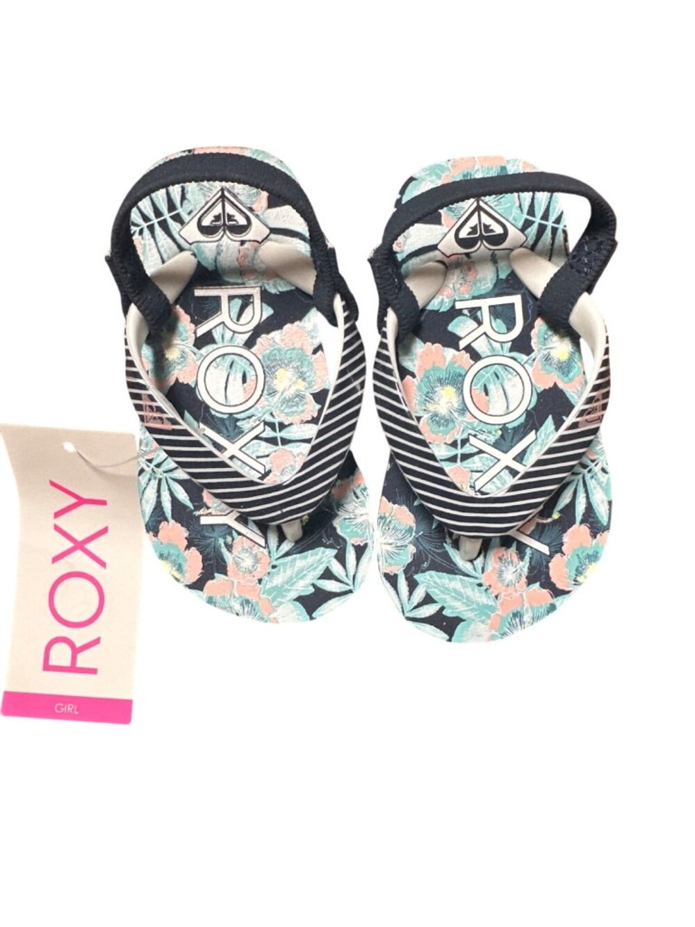 Roxy Kids Flip Flops Size 5 Floral Black Pink Green Summer Beach Sandals